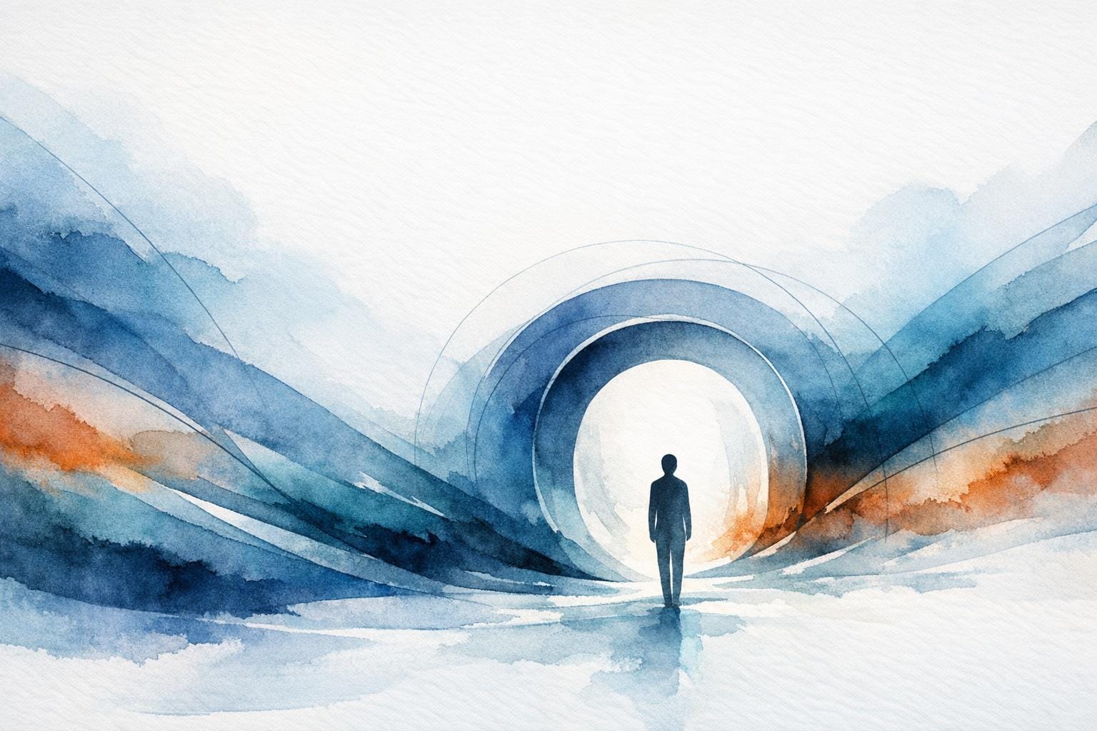 Variant A: a semi-abstract editorial watercolor illustration showing a single stewarded figure standing steady inside flowing institutional signal — approval queues, routed documents, and me…