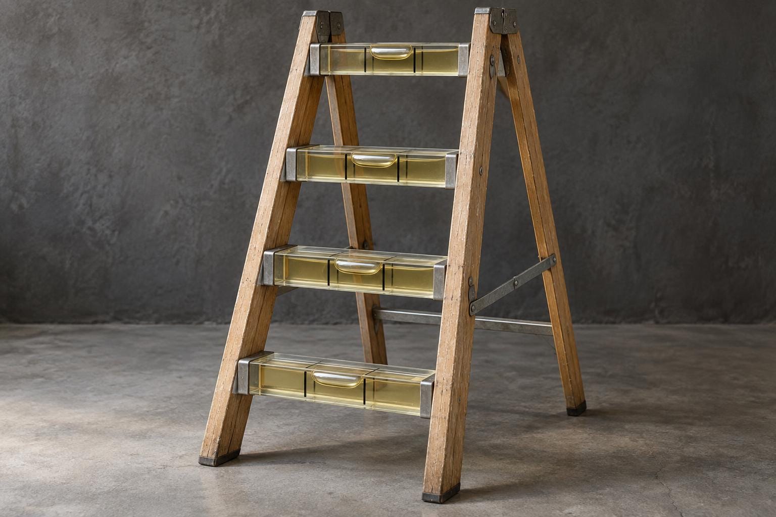 An open wooden stepladder has four thick, transparent liquid-filled steps, each with an elongated air bubble centered between two dark lines like a spirit level.
