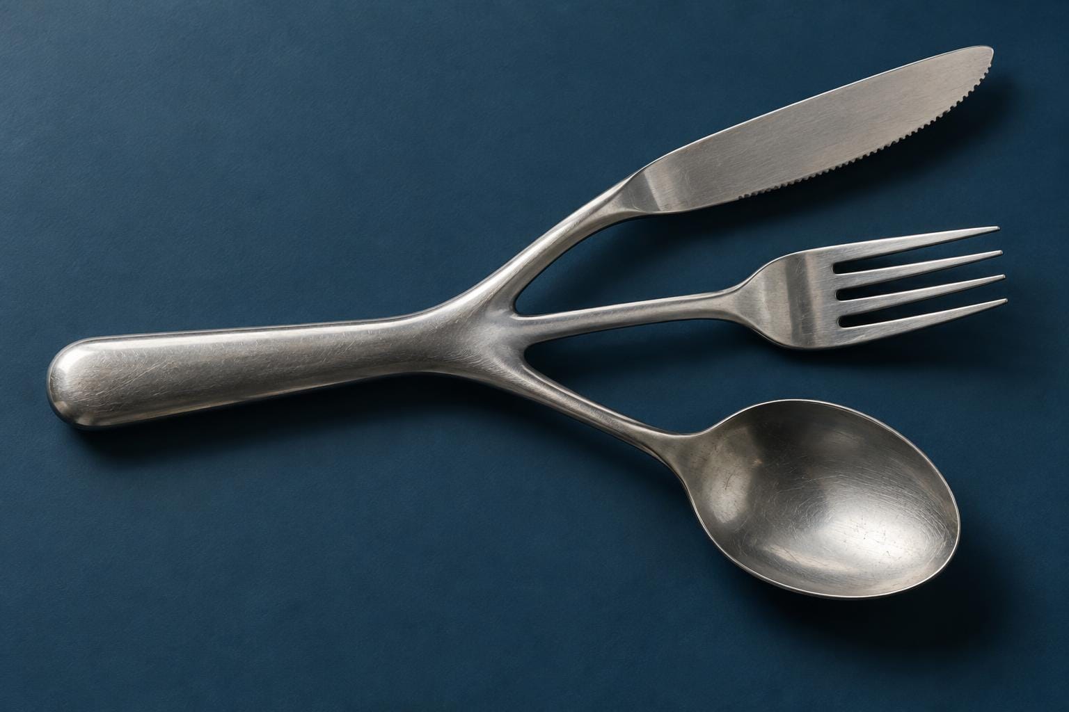 A stainless-steel utensil with one handle branching into a separate knife, fork and spoon, photographed from above on a dark blue surface.