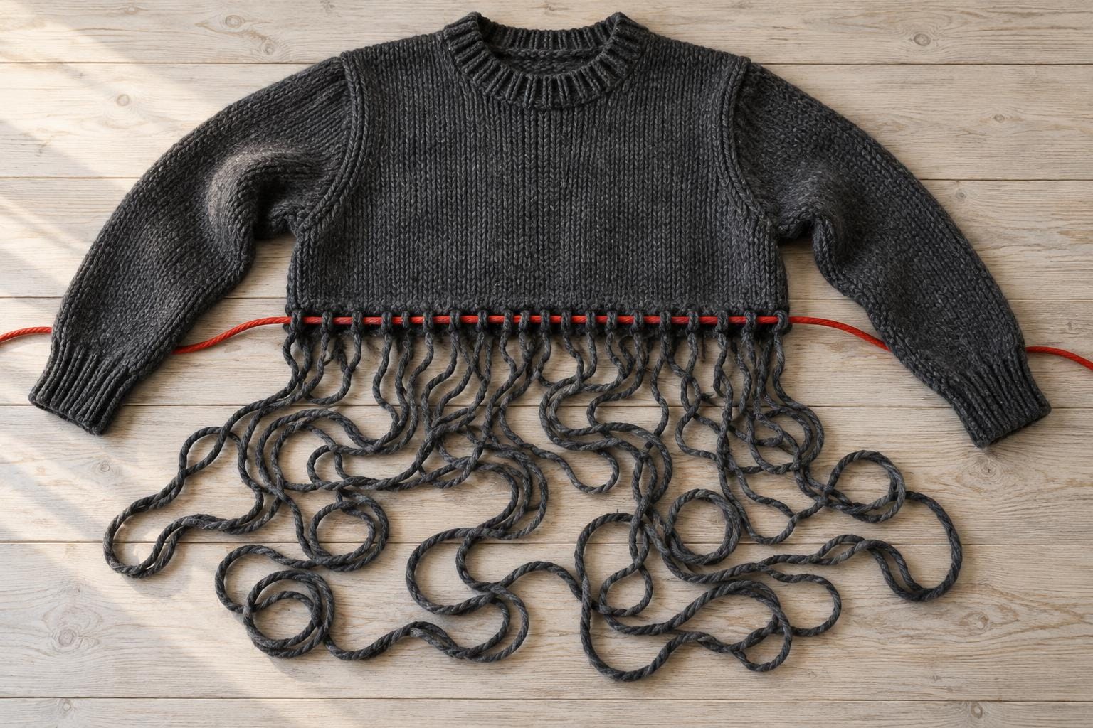 A charcoal sweater lies flat with its lower torso unravelled into loose yarn. A bright red cord passes through a row of exposed stitches, holding the intact chest and sleeves above the unrav…