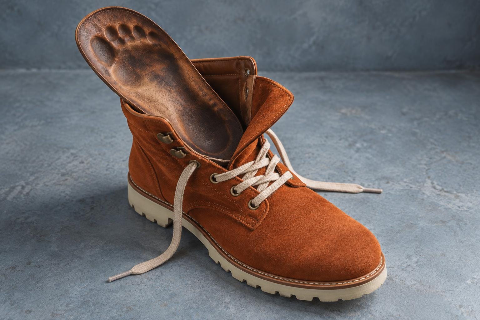 A new rust-orange walking boot with a dark leather insole protruding from its open top. Deep toe hollows and a sunken forefoot impression mark the exposed insert, contrasting with the spotle…
