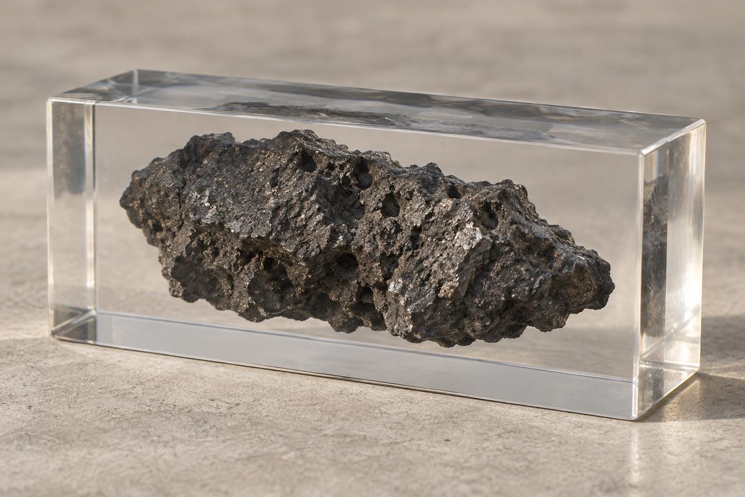 A jagged dark stone is enclosed in a clear rectangular resin brick, with wide transparent margins separating its rough edges from the polished flat exterior.