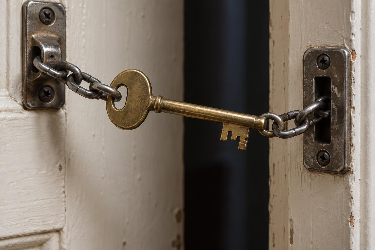 A brass key forms the central span of a taut security chain across a slightly open cream-painted door, connecting the two chain lengths through its bow and an eye at its toothed end.