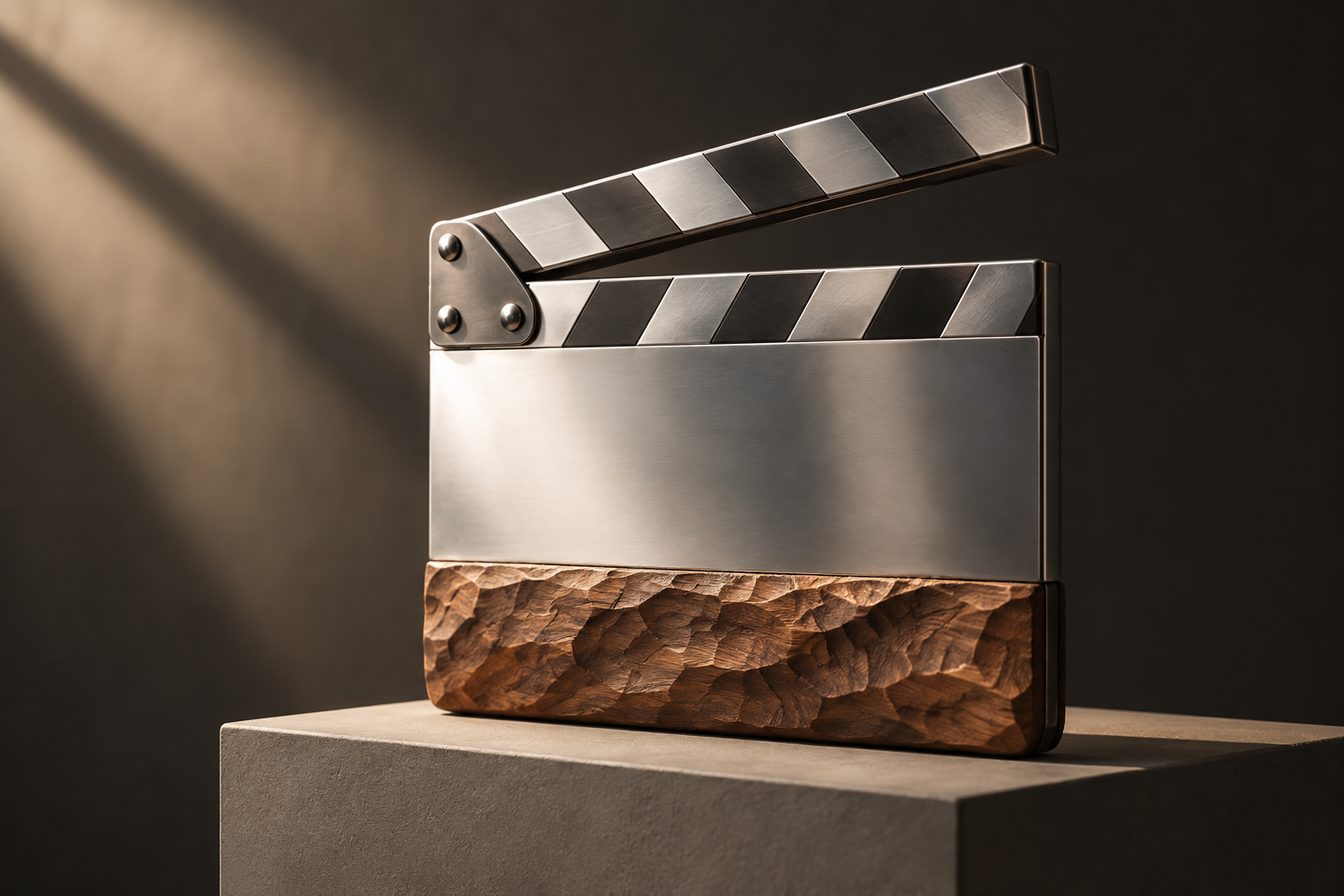A polished metal film clapperboard with a hand-carved wooden lower edge.