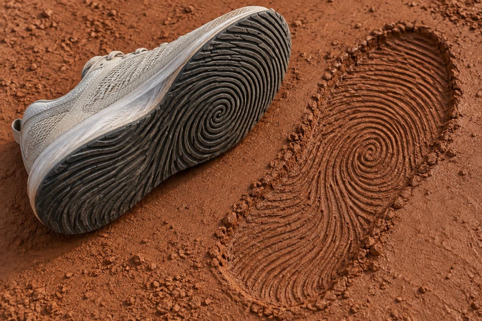 An ivory running shoe lies on its side, revealing a dark rubber sole molded as one giant fingerprint. Beside it, a matching fingerprint-shaped tread impression is pressed into reddish clay.