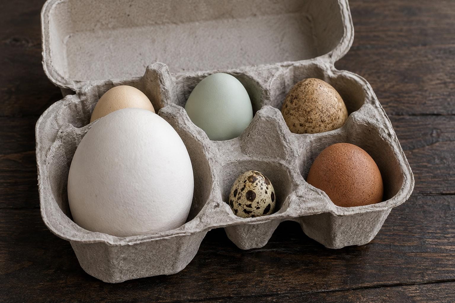 An open gray pulp egg carton holds six differently sized eggs in unequal fitted compartments, with a large white goose egg directly beside a tiny speckled quail egg.