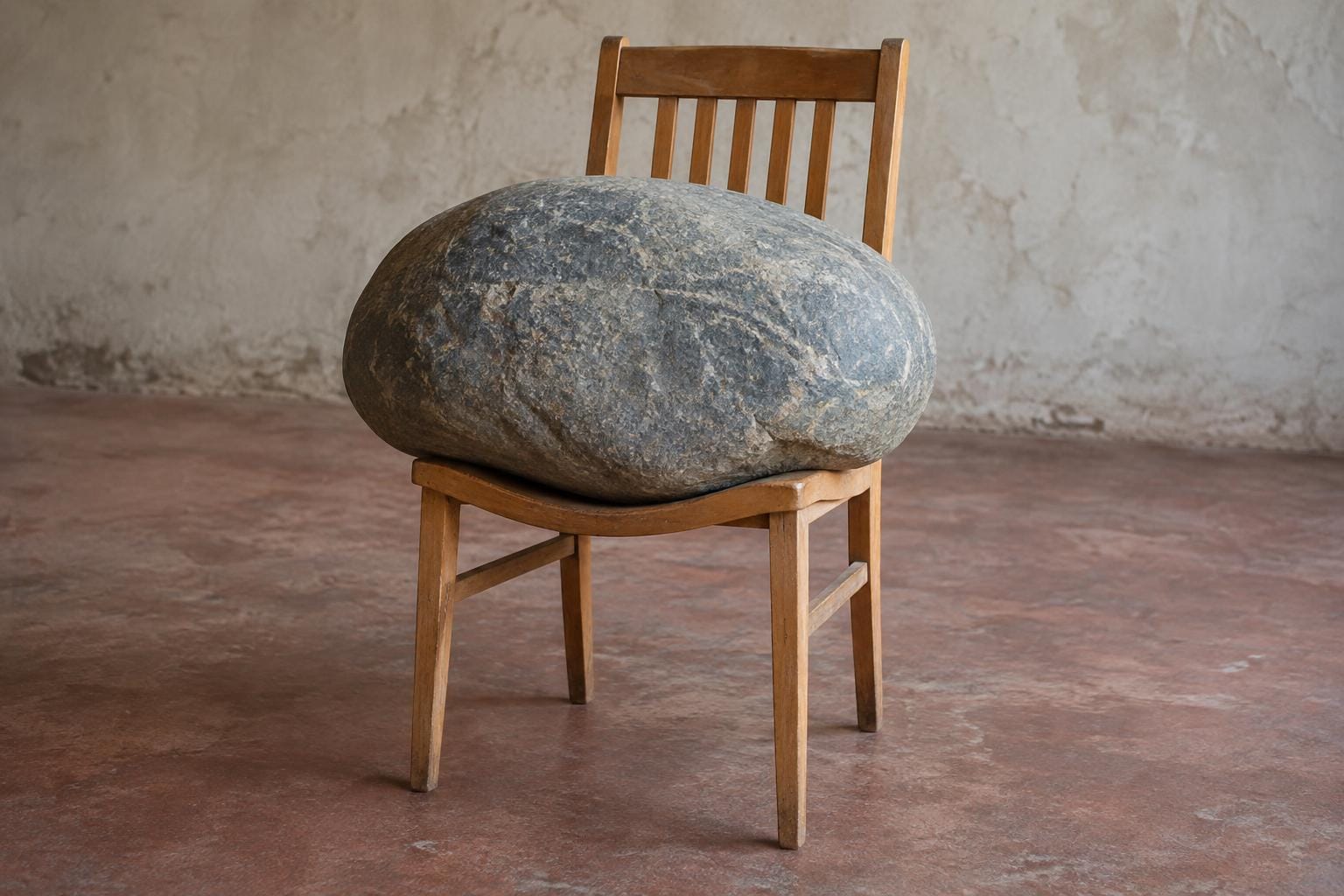 A large rounded gray boulder overhangs the seat of a wooden dining chair. The seat bows beneath it, but the chair remains intact with all four feet on the floor.