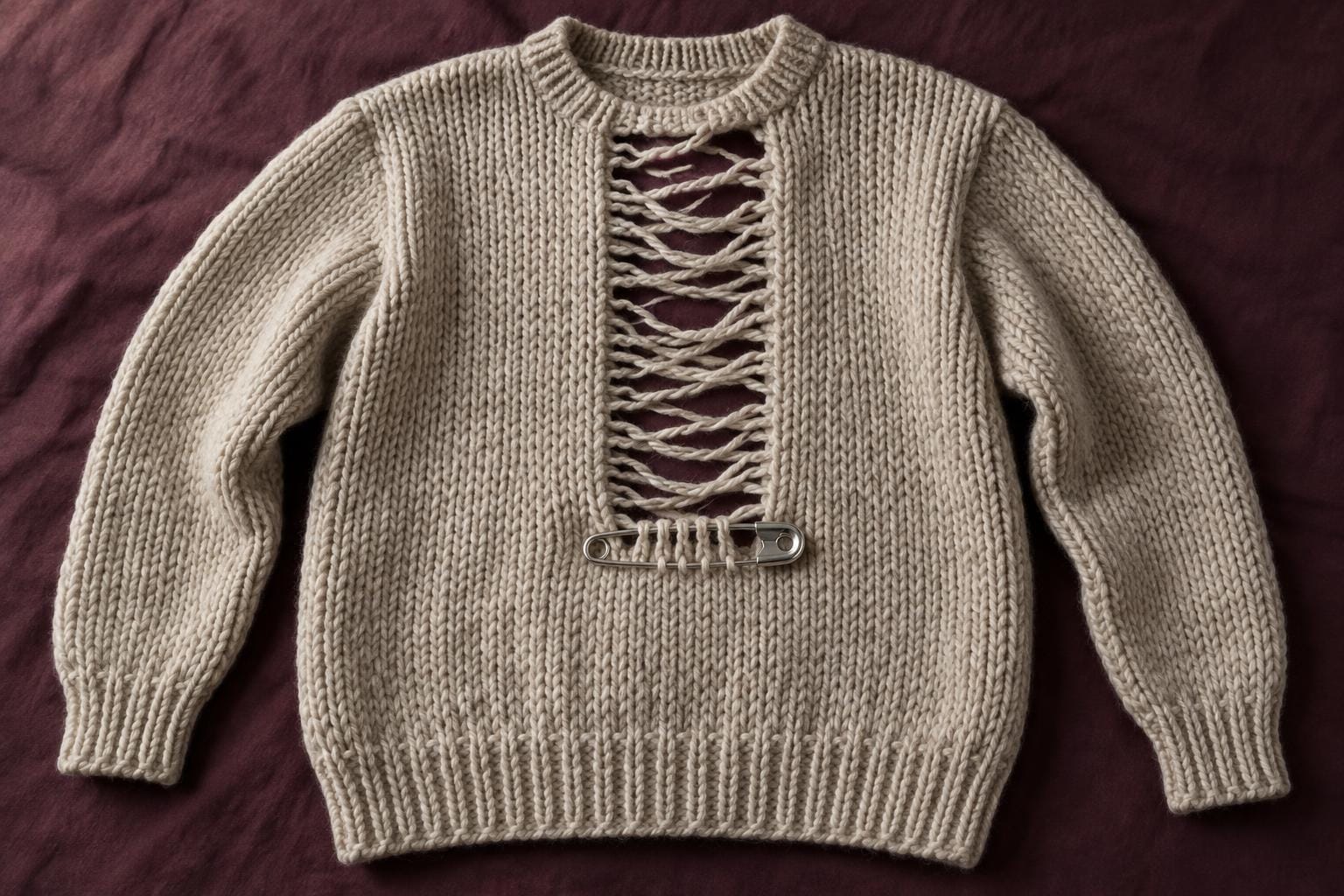 An oatmeal knitted sweater lies flat on a dark purple surface. A wide ladder of unravelled stitches runs down its chest, ending at a silver safety pin threaded through loose loops above inta…