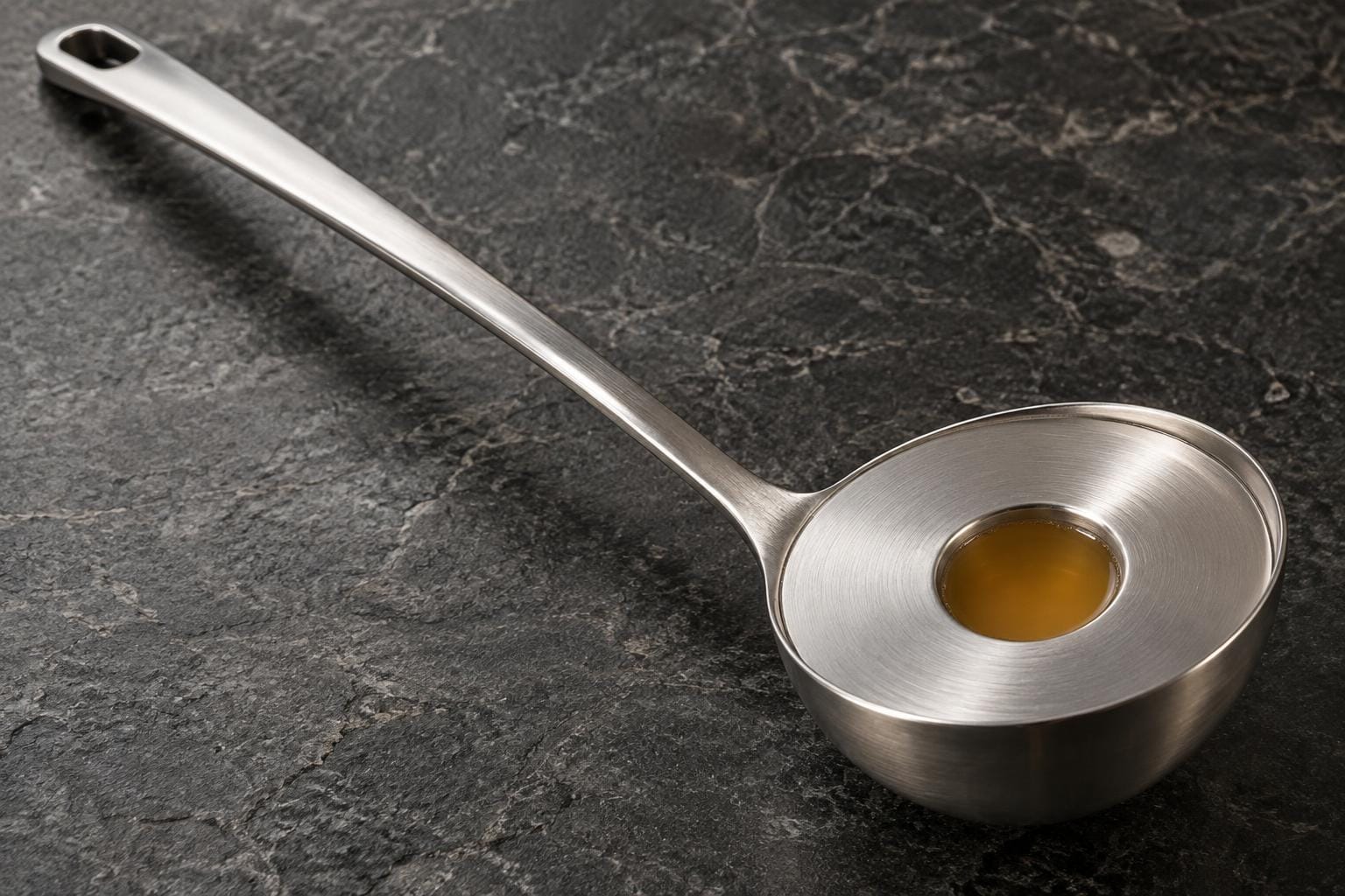 A stainless-steel soup ladle lies diagonally on dark stone. Its broad bowl is filled almost to the rim with solid steel, leaving only a tiny central hollow containing amber broth.