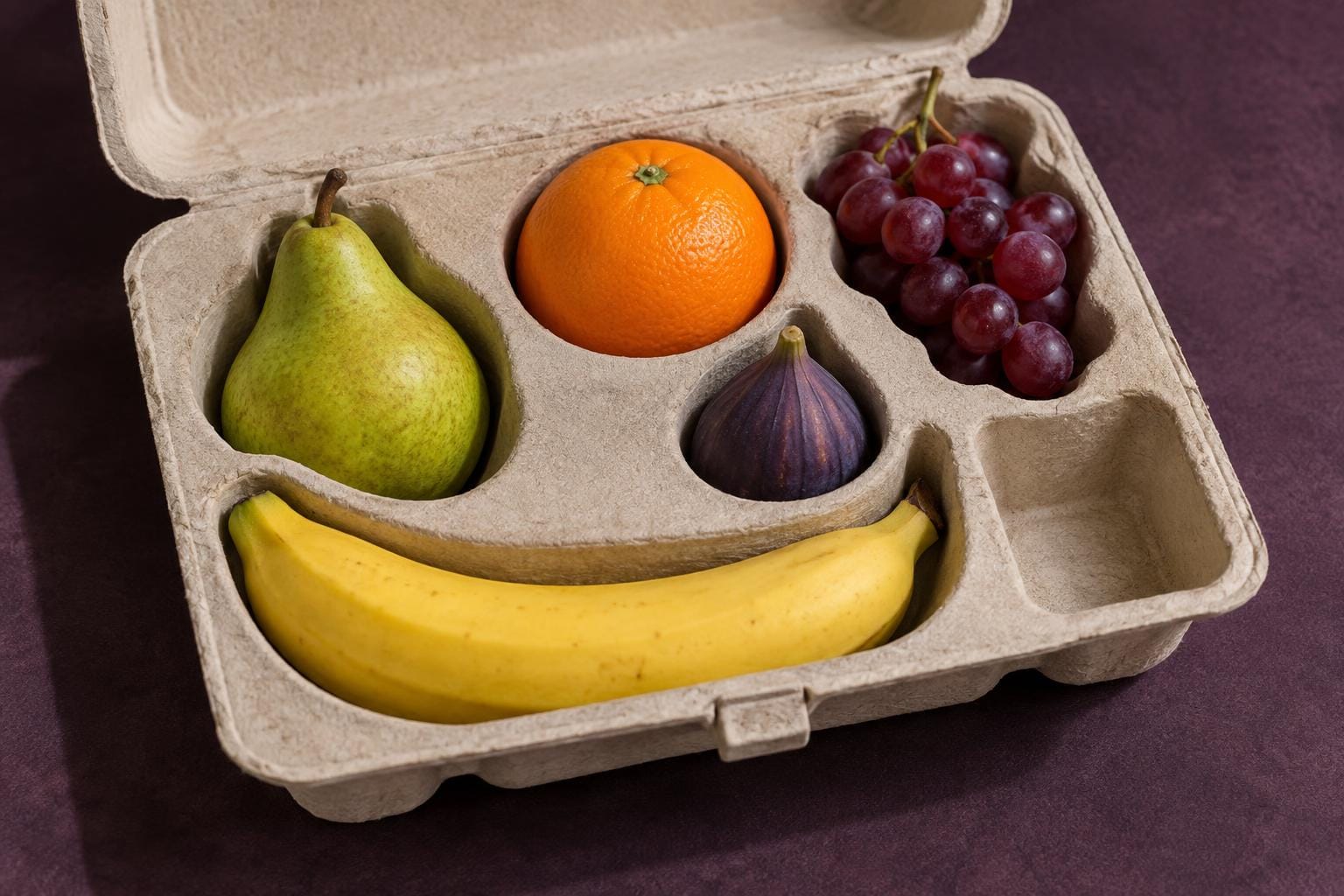 An open paper-pulp egg carton holds a banana, pear, orange, fig and bunch of grapes in individually shaped recesses. A sixth, rectangular compartment is empty.