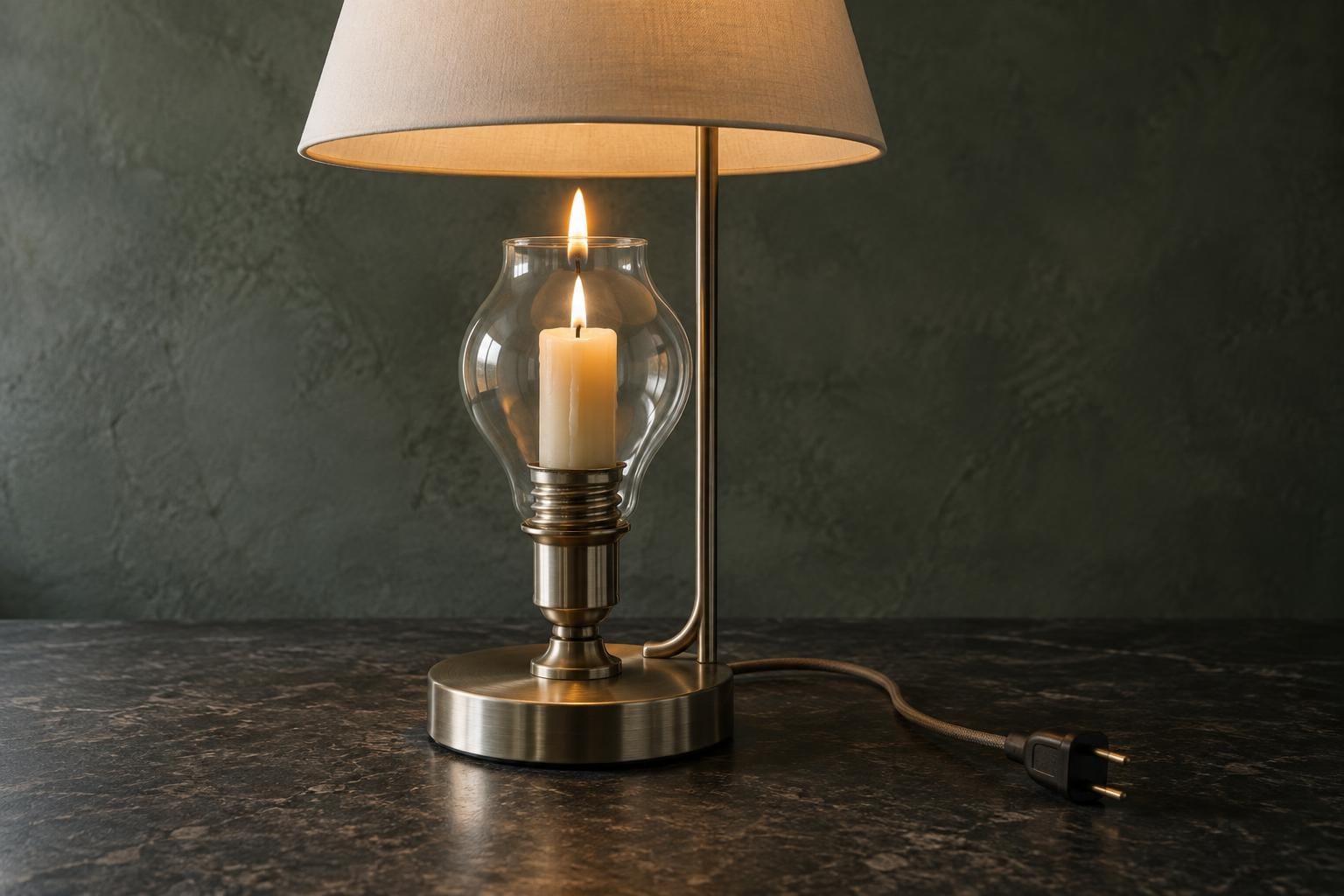 A nickel table lamp stands unplugged on a dark surface. Inside its oversized, open-topped glass bulb, a short wax candle burns beneath a raised ivory shade.