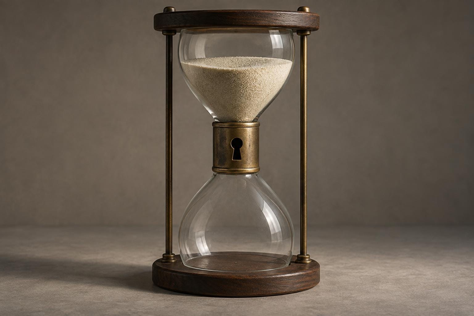 A glass hourglass in a walnut frame has a brass lock with a large keyhole at its waist. Sand rests above the lock, and the lower glass bulb is empty.