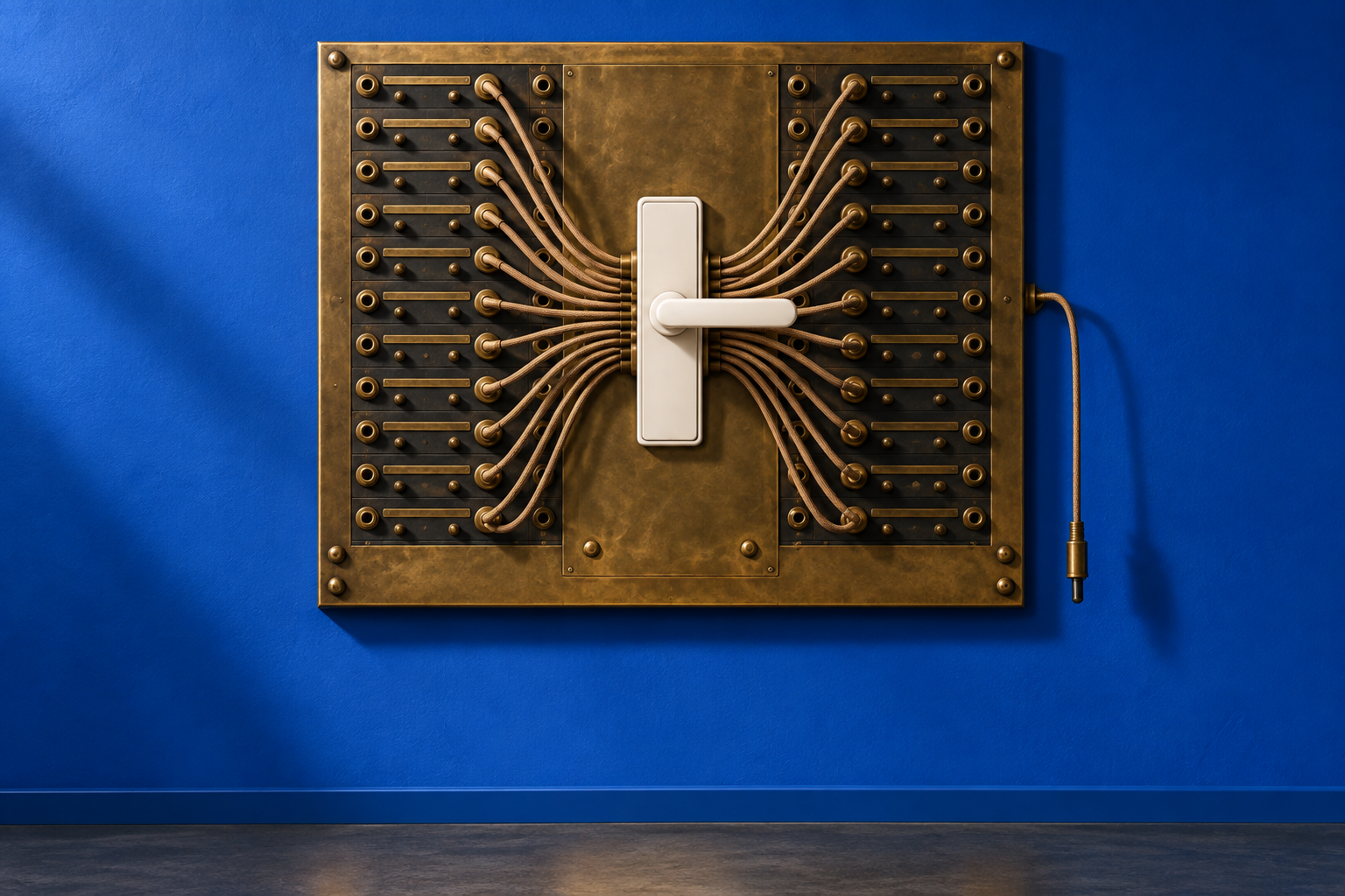 A brass telephone switchboard whose cords converge on a single white door handle.