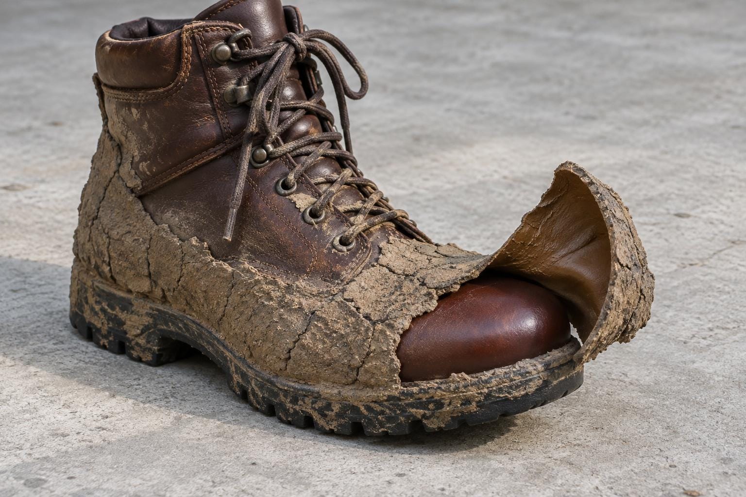A leather walking boot with a crusted brown mud coating peeling away from its toe in one broad curl, exposing clean leather and the coating’s smooth molded underside.