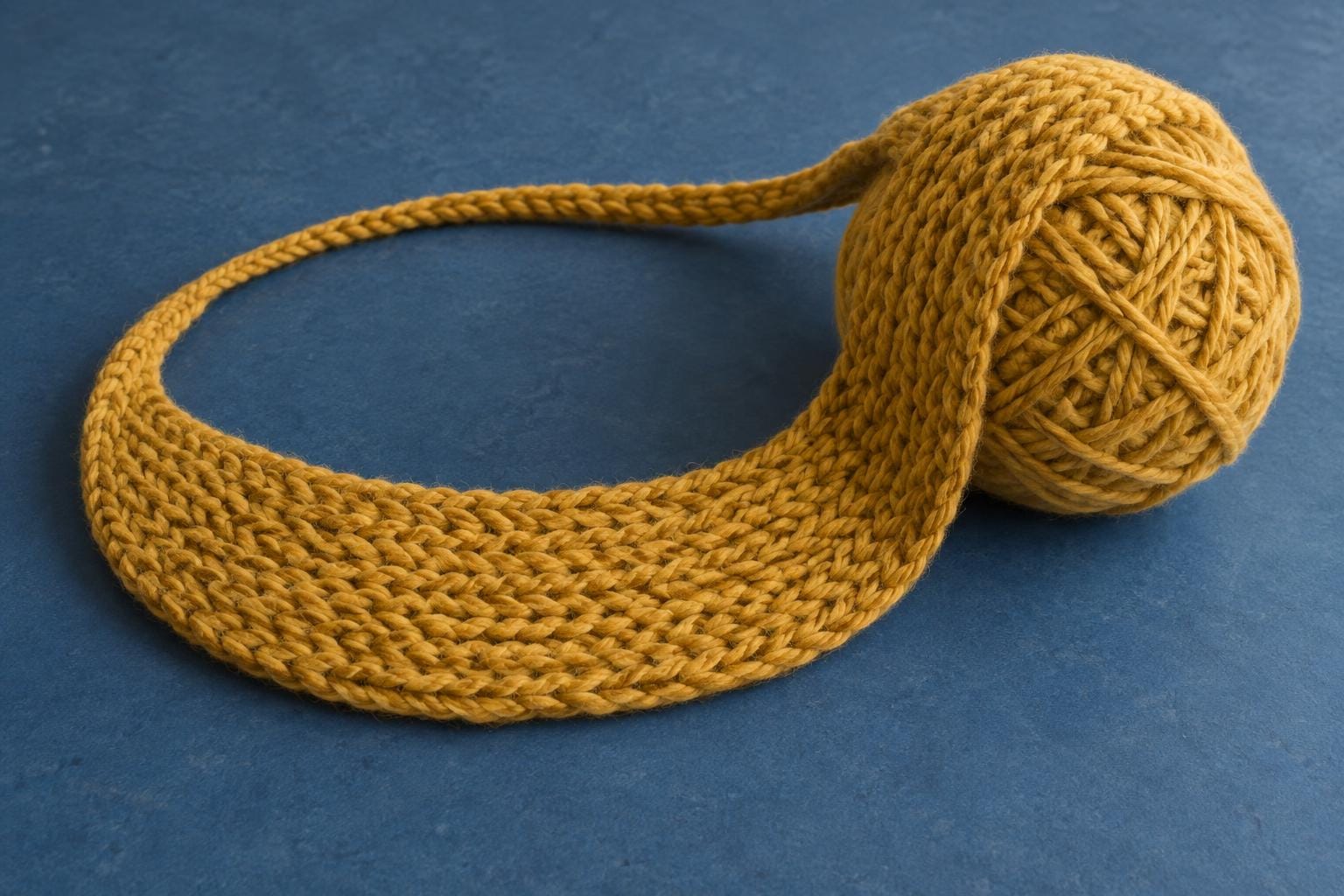 A mustard-yellow yarn ball on a blue surface has a strand extending left into an open loop, widening into a knitted band that returns and wraps around the ball.