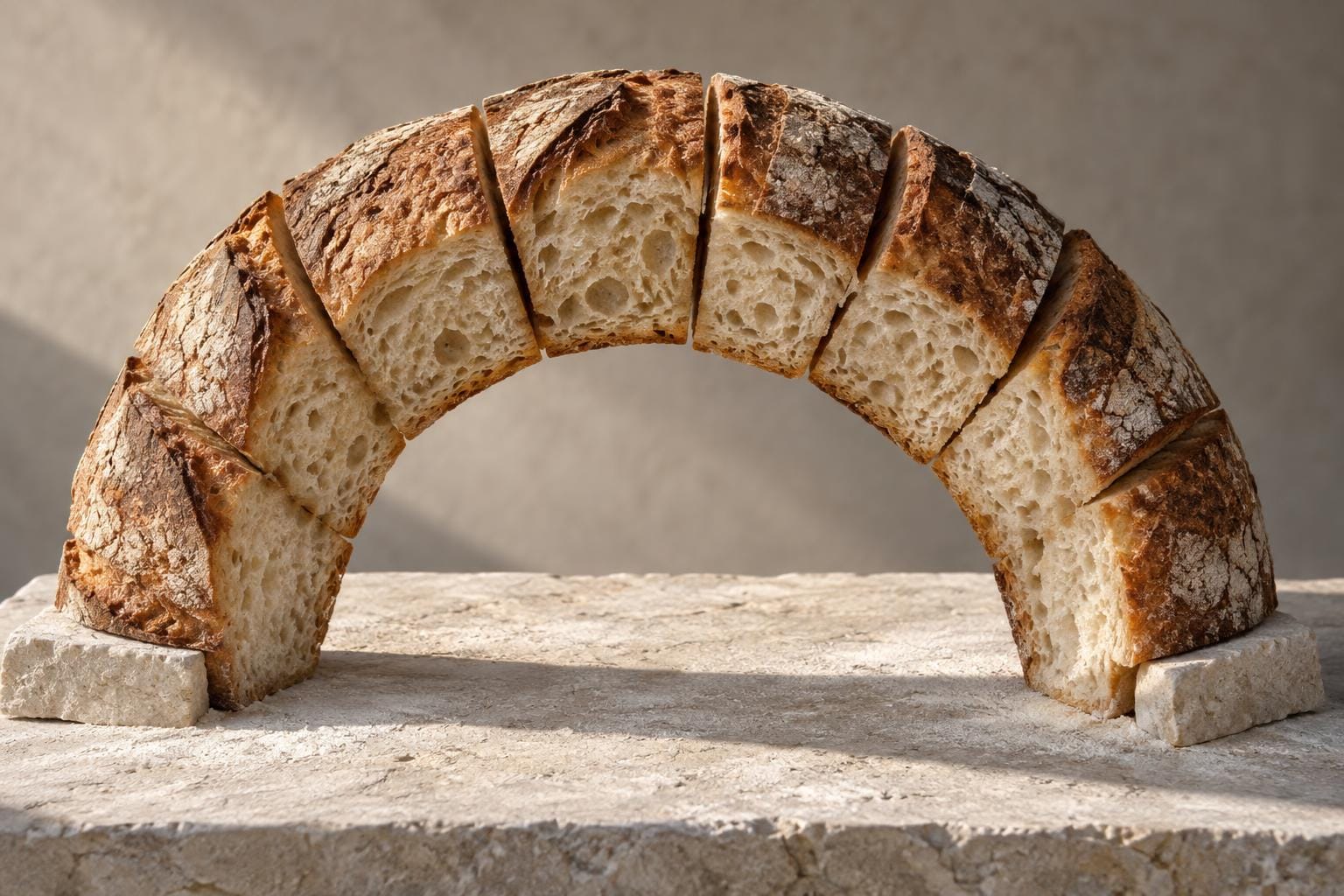 Thick sourdough slices stand together as an arch on a limestone slab, with dark crust around the outside and pale crumb framing the open center. Small stone stops brace its feet.