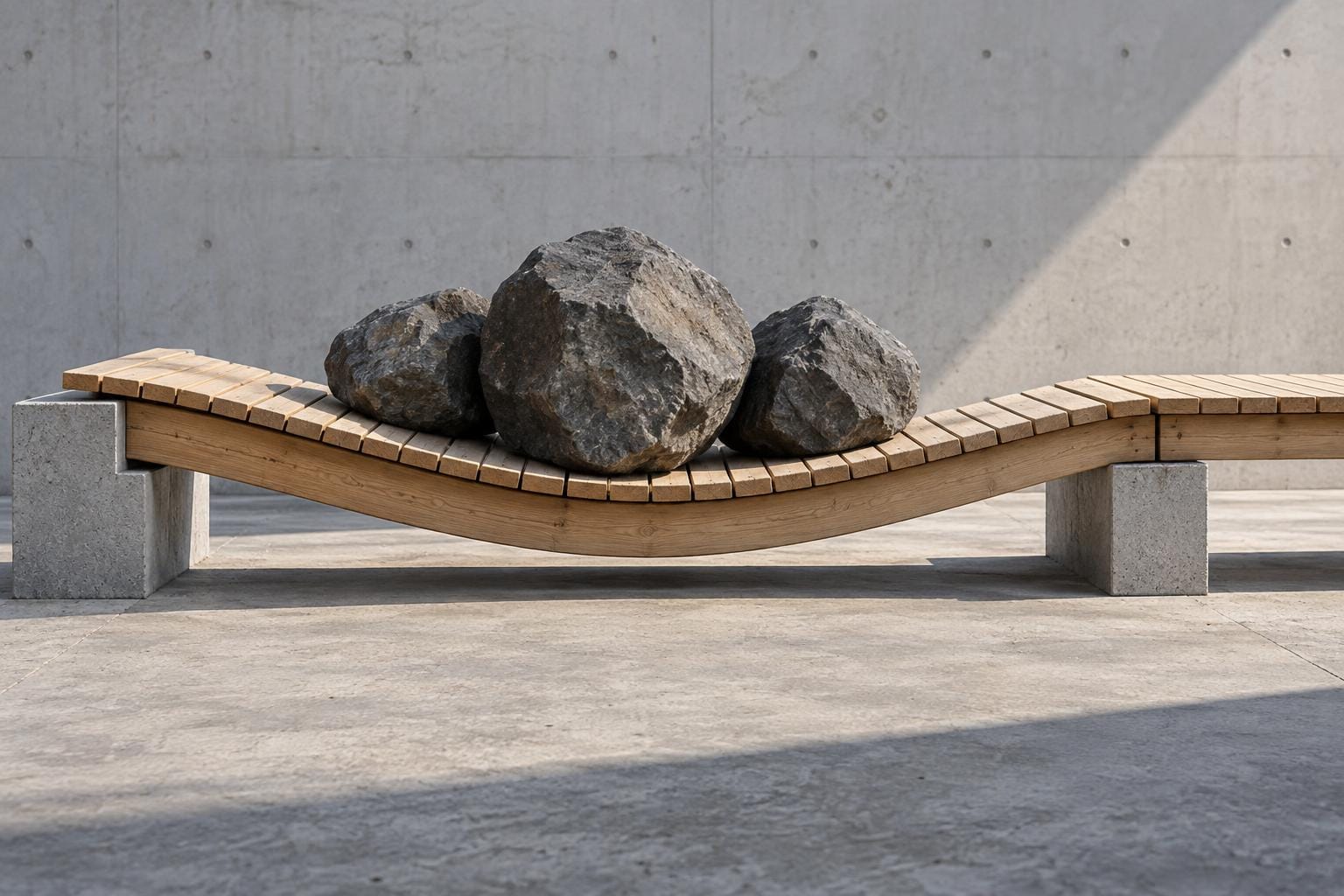 Three heavy dark stones bow the center of a new wooden footbridge resting on low concrete supports. Its unloaded right end remains straight, and a narrow gap separates the sagging timber fro…