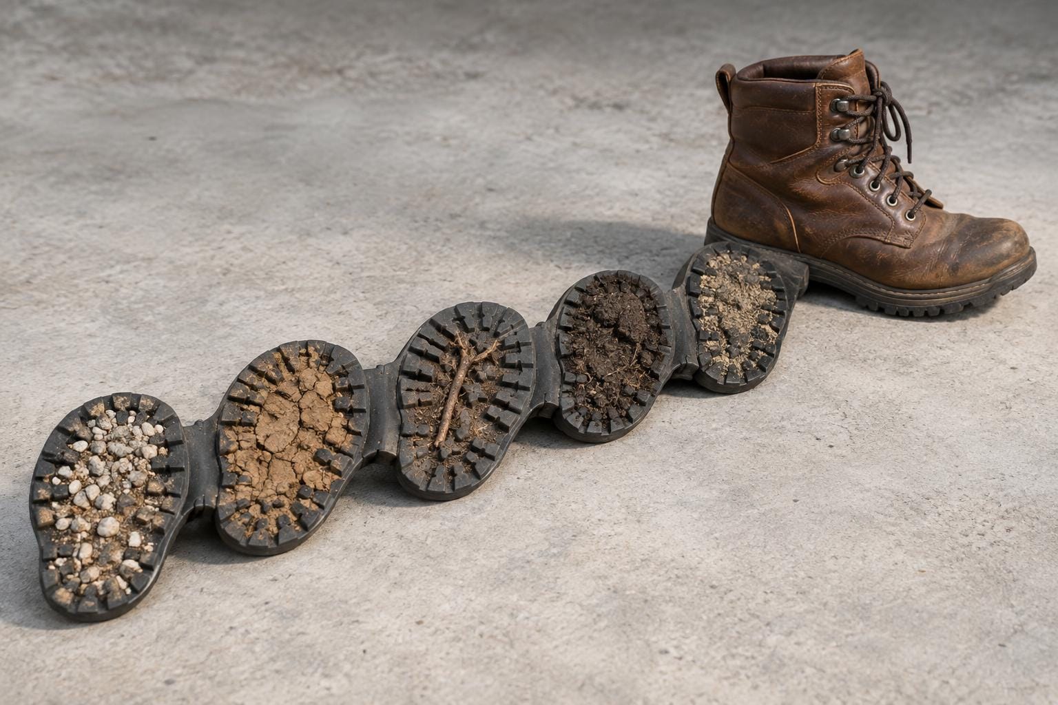 A scuffed brown leather boot has a rubber sole that unfolds behind it into five connected tread panels, holding different deposits of gravel, dried mud, earth and a flattened twig.