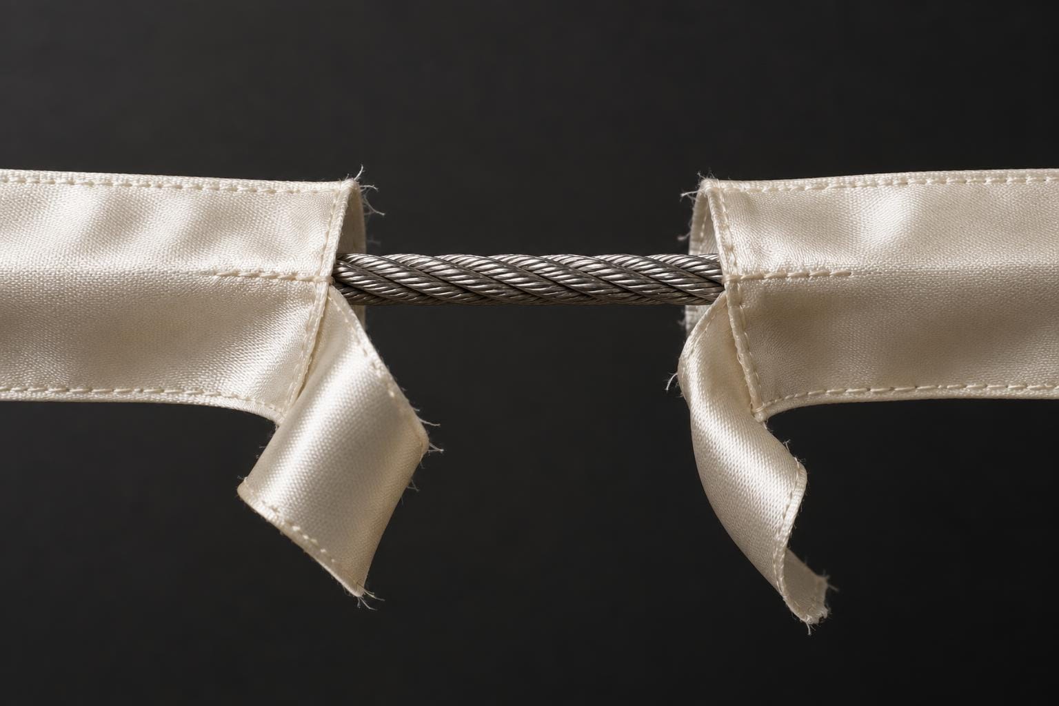 An ivory satin ribbon is cut in two, its ends curling downward around a wide gap. A braided steel cable inside the ribbon remains taut and unbroken across the opening.