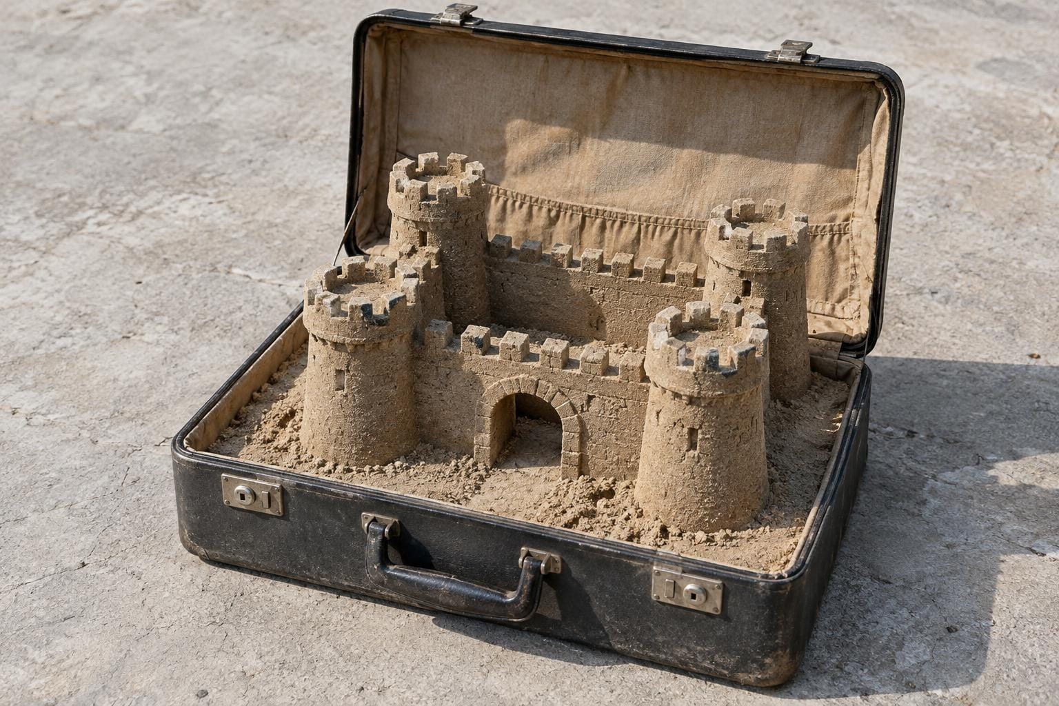An open charcoal suitcase holds an intact sandcastle with crenellated towers and an arched gateway, built directly into sand filling the case.