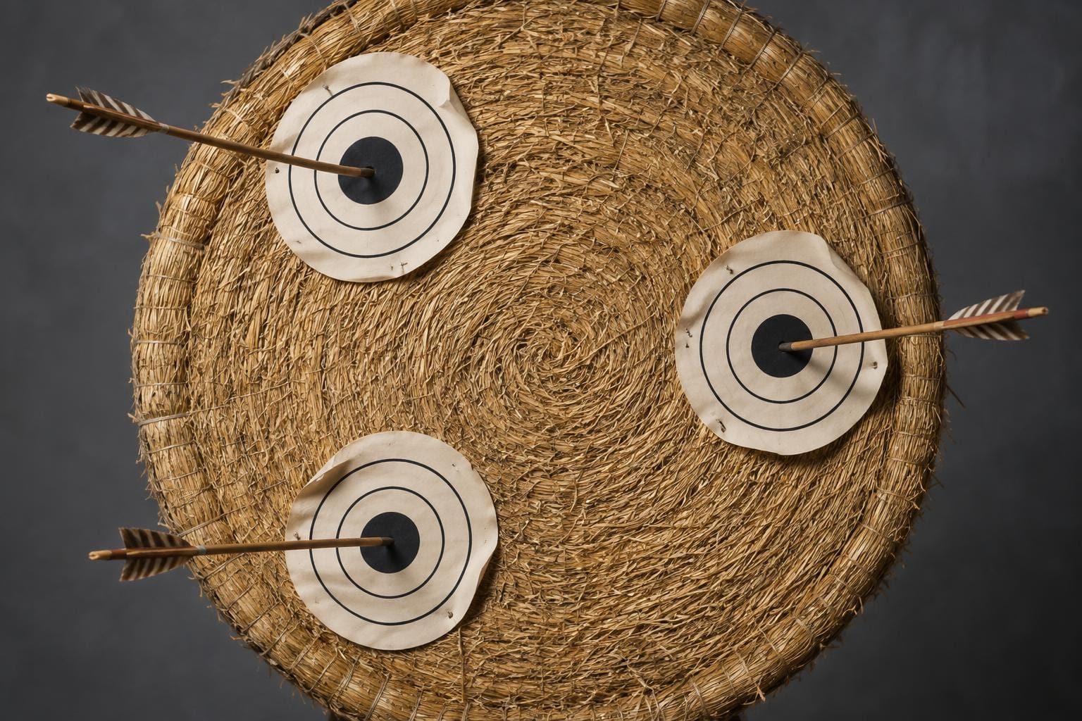 Three arrows pierce widely separated spots on a round straw target. Each puncture has its own small paper bullseye centered around it; the rest of the target is blank.