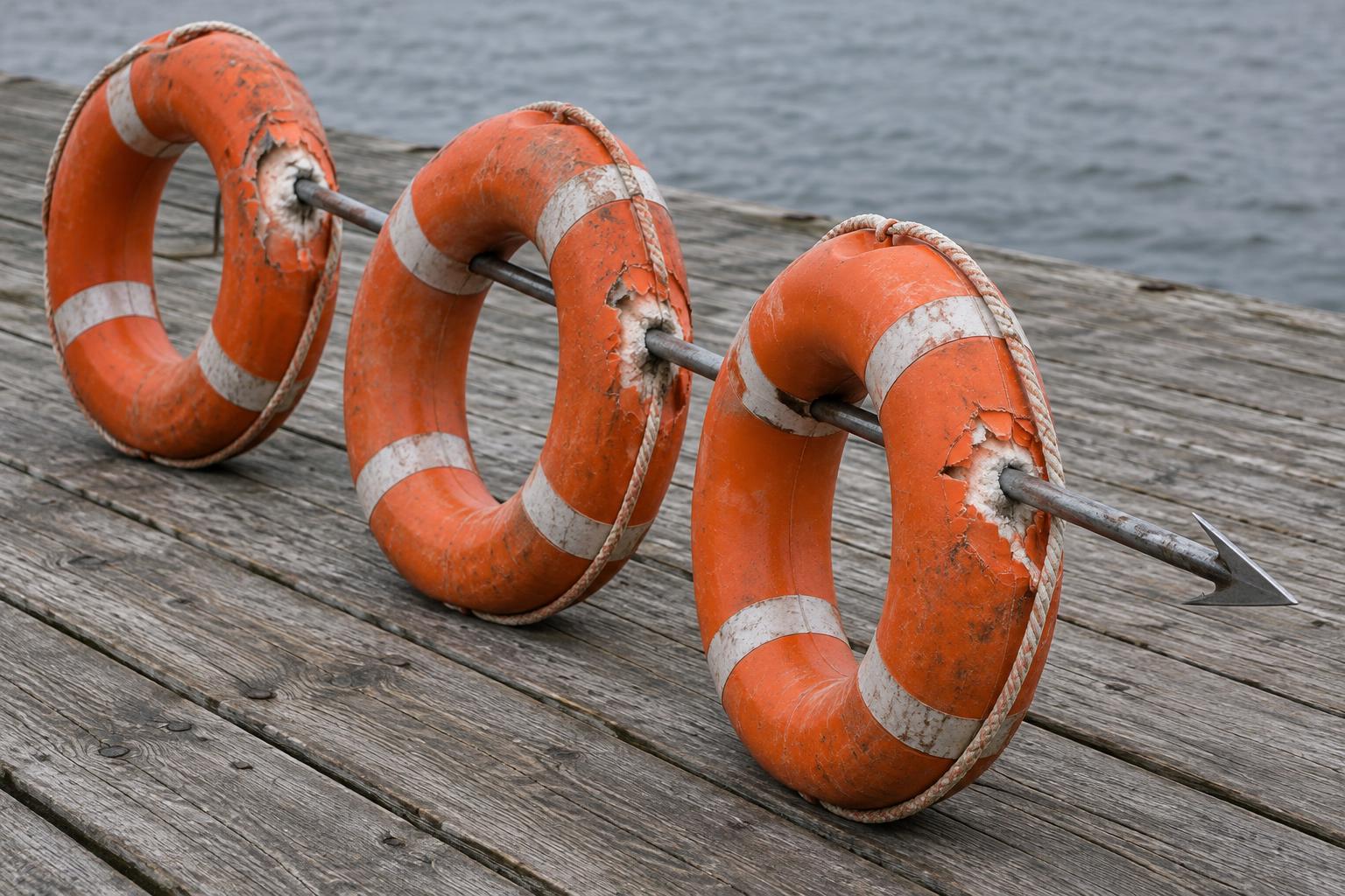 Three orange lifesaving rings rest on a wooden surface, with one steel harpoon piercing the thick rim of each. Torn orange coverings reveal white foam around the punctures.