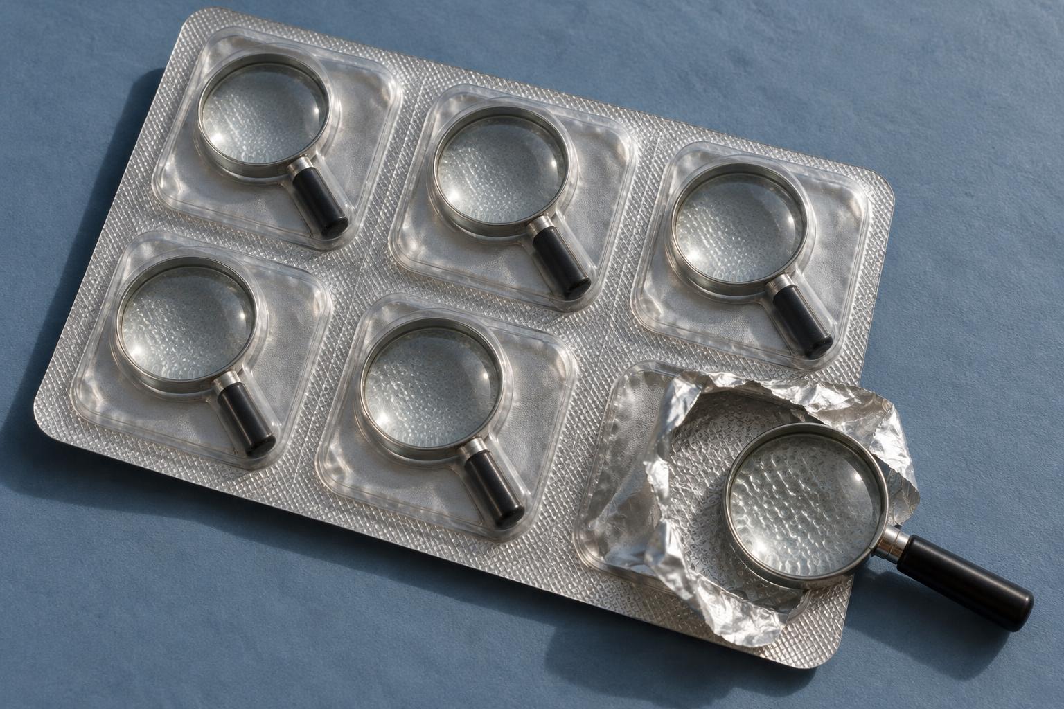 An unprinted blister pack contains six miniature magnifying glasses. One foil pocket is peeled open, with its magnifying glass partly pulled out.