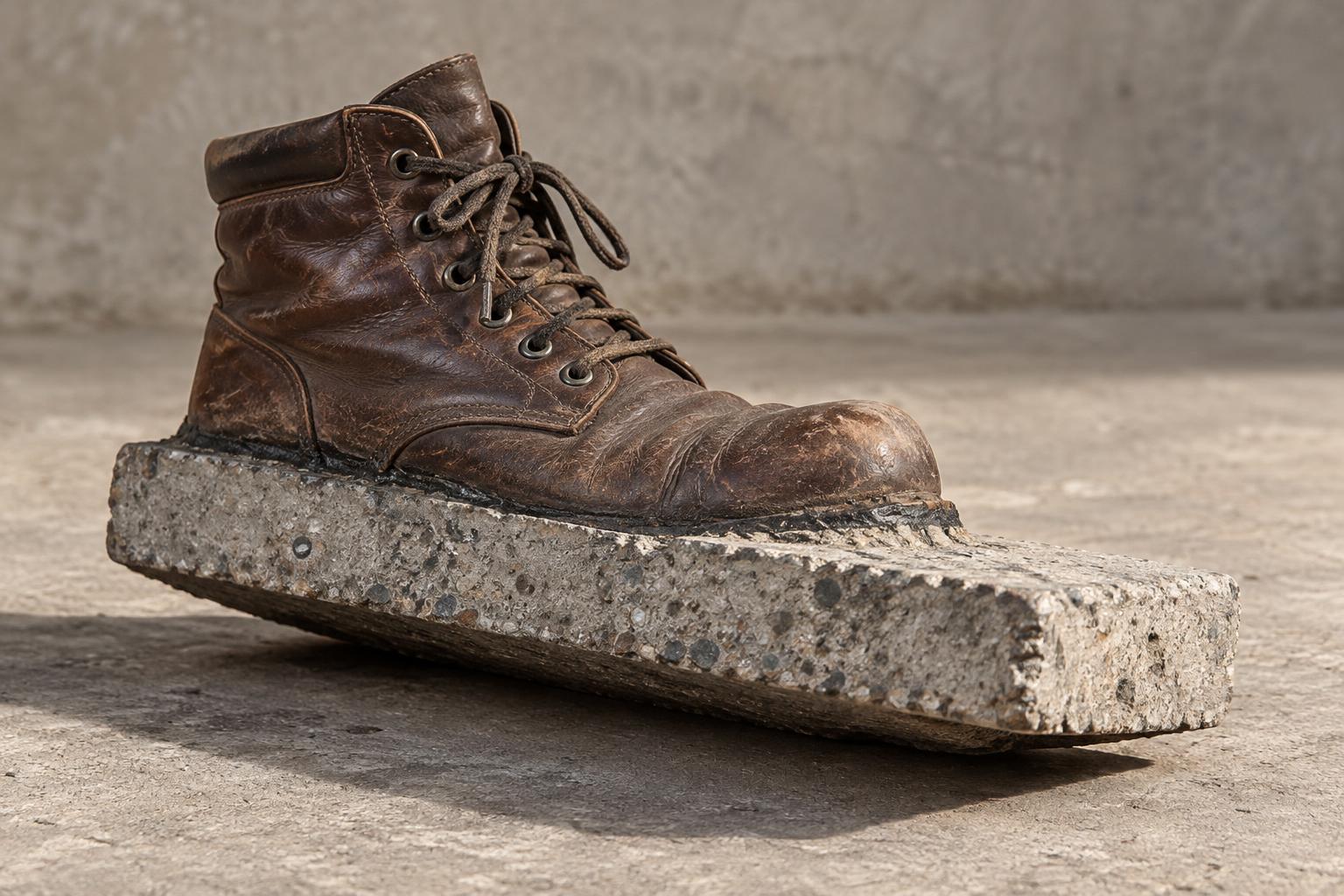 A worn brown walking boot has an oversized rectangular concrete paving slab attached in place of its sole. Boot and slab tilt backward together, revealing the slab’s thick, chipped front edge.